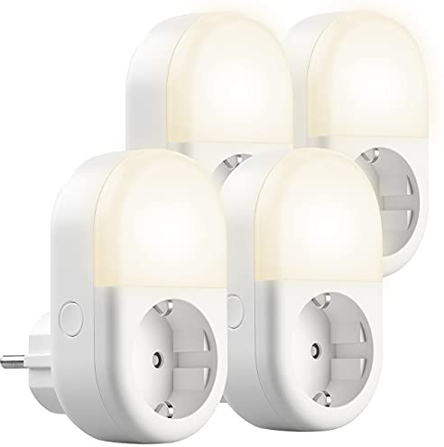 Luminea Home Control Nachtlicht mit Timer: 4er-Set WLAN-Steckdose mit LED-Nachtlicht, App & Sprachsteuerung, 16 A (Nachtlicht Elesion, smartes Nachtlicht)