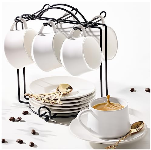Lareina 3-Ounce Porcelain Espresso Cups Set of 6, Stackable Coffee Cups with Saucers, Spoons and Metal Stand, Ceramic Demitasse Mugs, Espresso Accessories for Machine, White