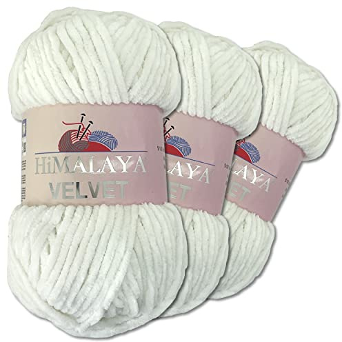 Wohnkult Himalaya 3 x 100 g Velvet Dolphin Wolle 40 Farben zur Auswahl Chenille Strickgarn Flauschwolle Glanz Accessoire Kleidung Decken (90063 | Weiß)