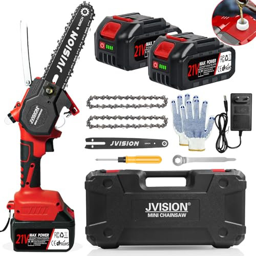 JVISION Motosega a Batteria con 8000mAh Batterie, Mini Motosega Elettrica a Batteria per Potatura, Elettrosega Compatta Sega da Potatura (Rosso 6 pollici (4.0Ah))