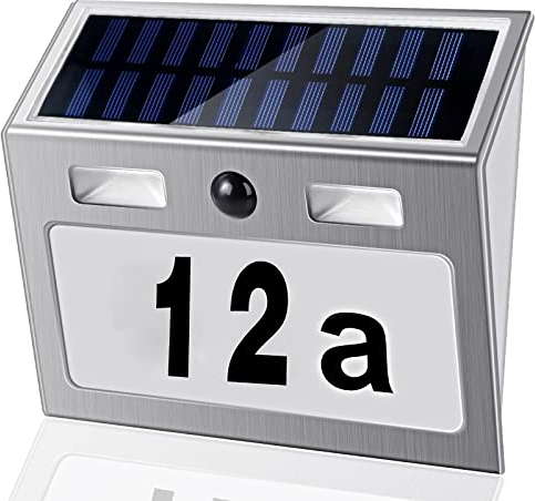 Solar Hausnummer Beleuchtete mit Bewegungsmelder Aussen, Edelstahl Solarhausnummer mit Dämmerungsschalter Wasserdicht, 7 LEDs Solar Hausnummerleuchte mit Nummern & Buchstaben, Typ B