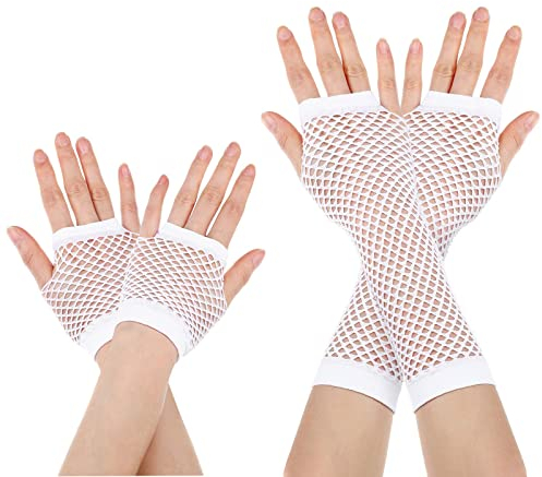 Azwood Fischnetz Handschuhe, 2 Paare Lang und Kurz Netz Mesh Handschuhe, Schwarz Fingerlose Netzhandschuhe - Damen Abendhandschuhe ​für Verkleidung Kostüm Party Lieferungen (Weiß)