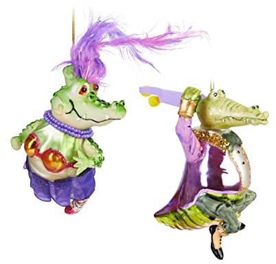 BRUBAKER Weihnachtskugel Set Krokodil Paar Lady und Gentleman - Handbemalte Baumkugeln Vornehmes Tanzpaar - Christbaumschmuck aus Glas - Baumschmuck Alligator Tiere Lustig - 2-teilig