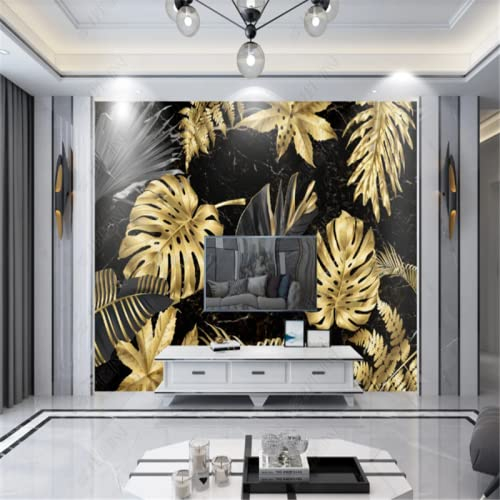 TANYANG Golden Monstera Blätter Tropische Pflanze Schwarzes Gold Steintapete Für Wohnzimmer Tv Hintergrund Wandmalerei Tapete Home Decor 350Cm(W)×245Cm(H)