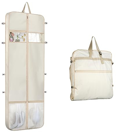 KEEGH Kleidersack Lang 60 x 182cm Kleidersack Brautkleid mit 30cm Zwickel | Faltbarer Oxford Reise Kleidersack mit Reißverschluss & 2 große Netztaschen, für Abendkleider, Brautkleider, Beige