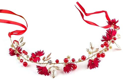Mariée Accessoires De Cheveux De Mariage Perle Couronne Florale Guirlande De Mariée Bandeau Floral Cheveux Feuille Vigne Perle Coiffe Ornement De Cheveux-Rouge