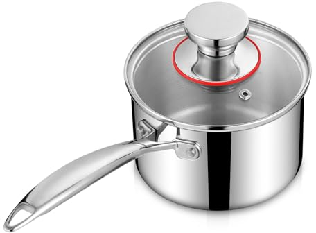 Homikit Casserole, 3 couches en acier inoxydable 14 cm avec couvercle en verre, petite casserole à lait, induction 1,4 L, casserole à lait pour tous les feux