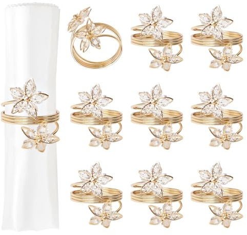 URROMA Serviettenringe mit fünfblättrigen Blumen, 10 Stück, Metall, goldfarben, Serviettenhalter für Stoff, Tischserviettenringe für Geburtstag, Hochzeit, Ostern, Esstisch, Partys