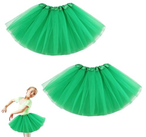 EUPSIIU 2 Pack Tulle Skirt for Kids Girls, 3 Layers Stretchy Fluffy Party Skirts, Girls Princess Ballet Dance Tutu, Dress-up Costume for Birthday Petticoat Party Dance Rave Carnival 80s Outfit (Green)