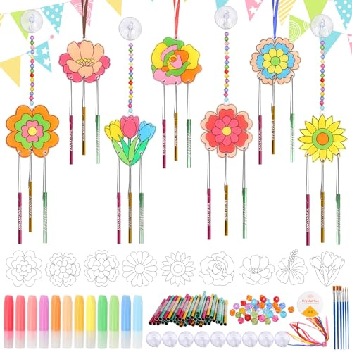 LOHAME 12 Stück Blumen Bastelset Kinder Blume Anhänger zum Bemalen Acryl Blumentöpfe Sonnenfänger Basteln Lehrerin Geschenk Kreativ Handwerk Dankeschön Geschenke für Lehrer Abschiedsgeschenk Lehrerin