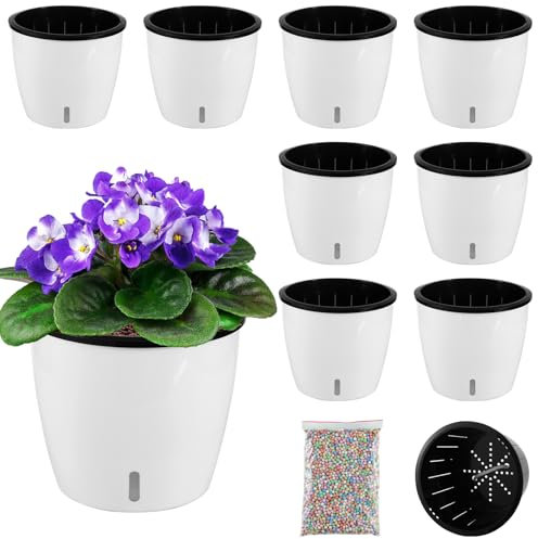 Planterhoma Lot de 8 pots de violette africaine auto-arrosants de 17 cm avec indicateur, pot noir à mèche et trous de drainage, pour orchidée, lierre du diable, blanc