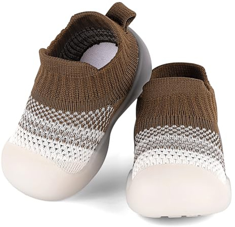 MASOCIO Baby pojkar flickor strumpskor spädbarn småbarn första promenadskor mjuk gummisula halkfria skor, Brun, 6-9 månader