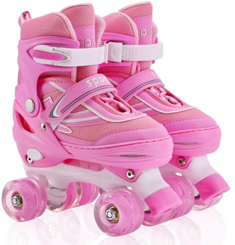 Pattini a Rotelle per Bambini, Bambina, Bambino, Pattini a 4 Ruote per ragazze, ragazzi e principianti, 4 taglie regolabili, adatti per interni ed esterni (Rosa, M)