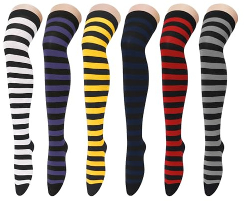 Zando 6 Pairs Striped Thigh High Socks for Women - Knee Highs, Cosplay Stockings, Leg Warmers with Colored Stripes