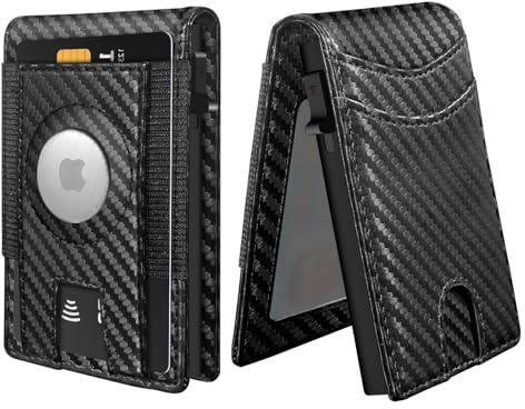 Kidcia Airtag Wallet mini plånbok kortfodral RFID-blockerare kort smal plånbok män svart läder lockkort portmonnä, Kolfiber, A, Modern
