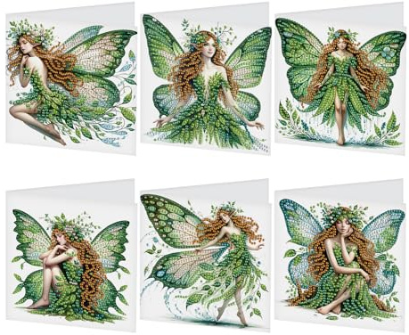 SHEGZHUC Set of 6 Diamond Painting Greeting Cards: Butterfly, Fairy, Elf & Angels - Modern, Contemporary Design - Resin & Diamond Material - Includes Pen, Bowl, Wax & Diamonds - All Ages