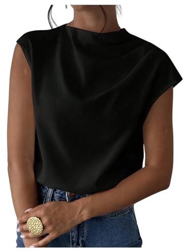 MakeMeChic Women's Draped Neck Tops Cap Sleeve Mock Neck Keyhole Work Shirt Summer Blouse Black X-Small