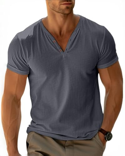 LAOARA T-Shirt Homme Henley Teeshirt col Bouton Ouvert à Manches Courtes pour Homme