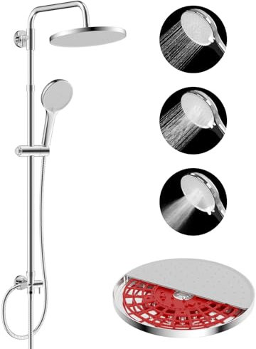 Hibbent Miscelatore per Doccia Auto-Pulente, Sistema di Rubinetto per Doccia Rotondo in Acciaio Inossidabile con Tubo, Soffione e Doccetta in ABS,Pannello Bianco