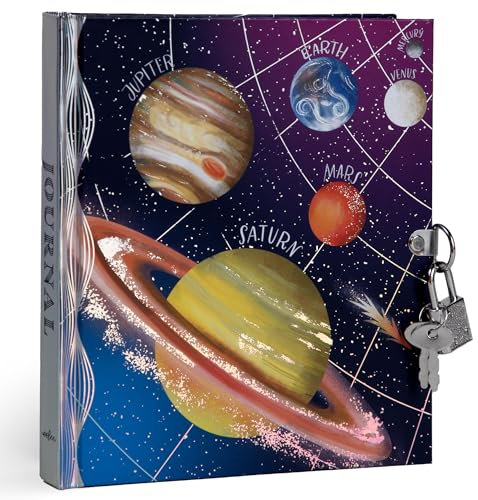 eeBoo: Diario espacial: incluye candado y llaves, 176 páginas a rayas, notas de 16 x 14 cm, diario temático del sistema solar con cubierta de aluminio, para niños y adolescentes