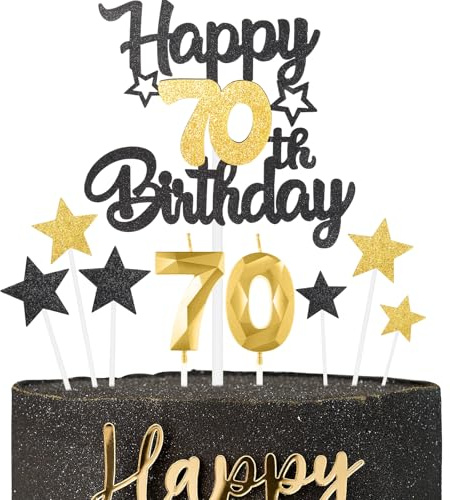 Black Gold Happy 70th Birthday Candles Cake Topper Set,Gold Number 70 Birthday Candles with Black Gold 70th Birthday Cake Toppers Star Cupcake Toppers for Men Women Birthday Anniversary Decorations