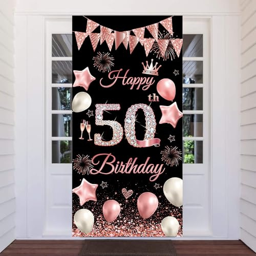 50. Geburtstag Banner, 50 Jahr Geburtstag Deko Tür Hintergrund für Frauen Männer, 50 Geburtstag Party Dekoration Türbanner für Geburtstagsfeier Willkommensschild, 180 x 90cm (Schwarz Rosa-50)