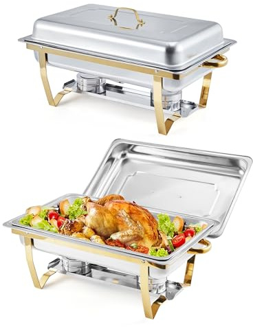 GarveeHome Chafing Dishes for Buffet 2 Pack, 8 Qt Stainless Steel Chafers and Buffet Warmers Sets with Lid, Rectangle Serving Food Warmer Catering Supplies Buffet Display for Parties, Gold