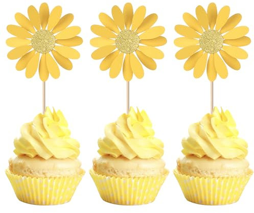 Daisy 24 decorazioni per torte con margherite glitterate, decorazione per cupcake a tema crisantemo, baby shower, matrimonio, compleanno, festa, decorazione dorata