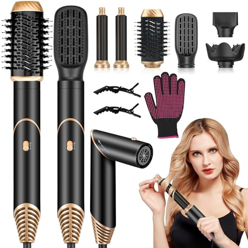 Onftrym 6 in 1 Airstyler Hairstyler Set,1000W Ionen Föhn,Professioneller warmluftbürste Rotierend,Airflow Lockenstab Automatisch,Haarglätter Bürste für Trocken,Zum Styling,Volumisieren,Locken,Glätten