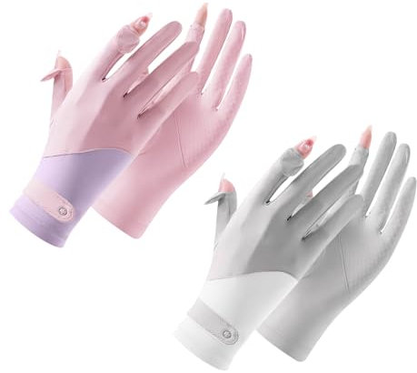 Feelorna 2 Pairs UV Protection Gloves for Women, Full Finger Touch Screen Summer Sunblock Driving Gloves Breathable Cooling Non Slip Cycling Gloves for Golf Fishing Riding