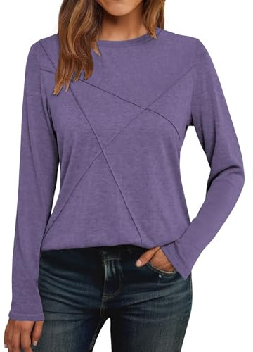 Cuptacc Jersey Mujer Camiseta Manga Larga Mujer Cuello Redondo Camisa Elegante Monocolor Plisados Tops Blusa Morado XL