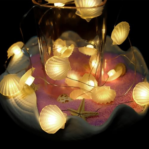 ENLACE Lichterkette Muscheln, 2M 20 LED Lichterkette Meerestiere Batteriebetrieben, Muschel Lichterketten Batterie, Maritime Lichterketten für Kinderzimmer Hochzeit Party Deko