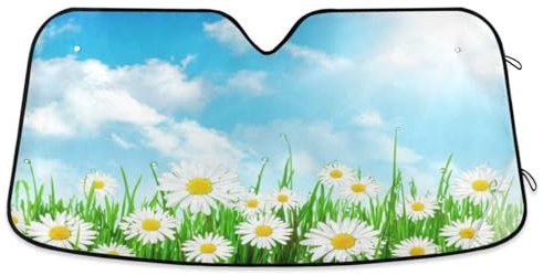 Pare-soleil de voiture pour pare-brise - Belle herbe printanière - Bleu ciel - Housse de fenêtre avant pliable - Réflecteur de voiture - 145 x 80 cm