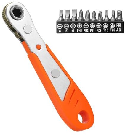 Mini Ratchet Wrench, Right Angle Screwdriver 90 Degree Phillips Magnetic with 1/4 Inch Drive, High Torque Offset Reversible Ratcheting for Tight Spaces, Includes 10 Screwdriver Bits