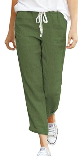 Cegerne Pantaloni Estivi in Lino da Donna 7/8 Pantaloni da Spiaggia Casual in Cotone Leggero, Verde-l, M