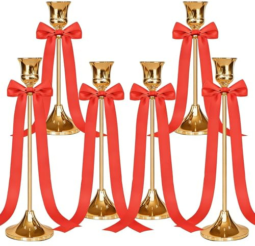 SparkleJoy 3 set ljusstakar silver med rosa rosett, 22/19/16 cm höjd ljusstake stavljus, dekorativ silver vintage för födelsedagsmiddag, årsdag, bröllop, heminredning (guld, 6)
