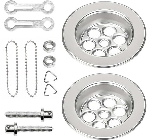2 Pack Stainless Steel Bath Hole Spare with Screw and Ball Chain, 70mm Kitchen Sink Plug Replacement Old Style Poly Plug Strainer Sink Waste Basket Bath Overflow Cover for Water Leakage
