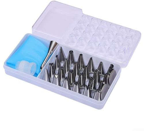 Pumixiy Kit professionale per decorare torte: 28 beccucci per tubazioni in acciaio inox, set di punte per glassa per cupcake, con scatola portaoggetti e connettore per sacchetti