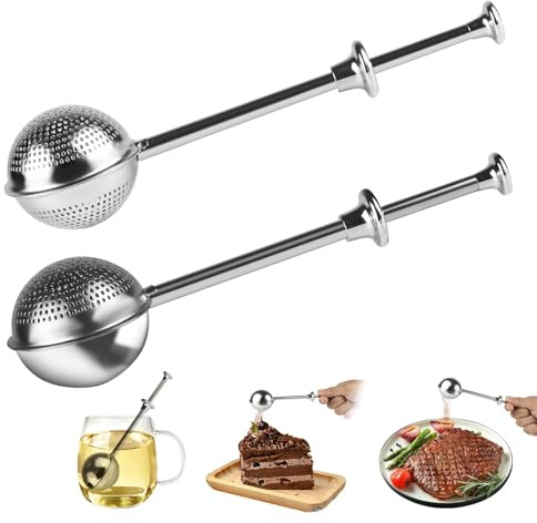 2 Stück Teesieb für Losen Tee, Multifunktional Edelstahl Teaballs Herunterdrücken Teesieb für Losen Tee, Mehl Gewürze Zucker Kaffee Kakaopulver (Halbes Loch und Vollloch)