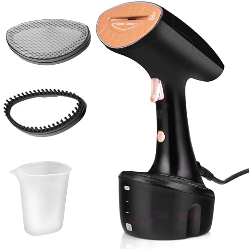 LEHMANN Défroisseur Vapeur, 1600W, Vapeur 25 g/min, Réservoir d'eau 320 ml, Chauffage rapide, Repassage Vertical & Horizontal, Defroisseur a main avec 2 embouts, Compact et Léger, Noir/Or Rose