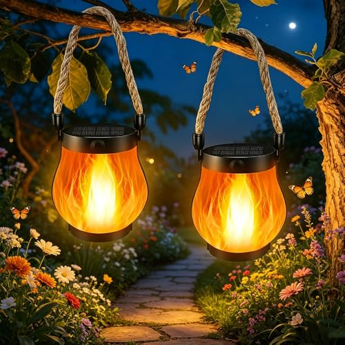 Nzkeuf 2 Stück Solar Laternen für Draußen, Solarlampen für Außen Hängend, Solar Flammen Laterne mit Flacker Effekt, Für Außen Hof Terrasse Verandas Garten