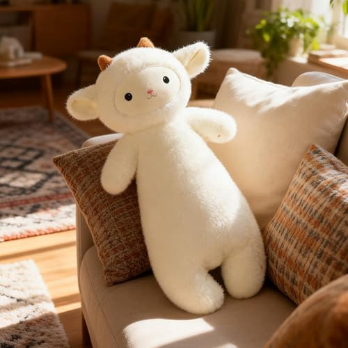 JORCEDI Langes Schaf Kuscheltier Kuschelkissen - 80cm, Flauschiges Schaf Schlafkissen Umarmungskissen, Weiches Lang Stofftier Seitenliegerkissen für Kinder Erwachsene (Weiß)