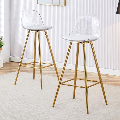 Barhocker 2er Set, 69,8 cm Sitzhöhe Tresenhocker mit Metallgestell, Moderner Barstuhl mit Transparentem Design und integrierter Fußstütze, Stabiler Küchenhocker für Bar und Kücheninsel, Gold