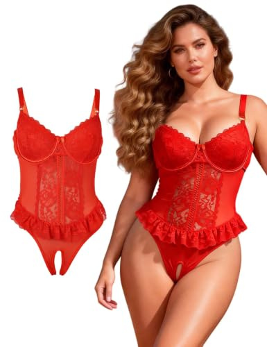 ohyeahlady Body Femme Ouvert Entrejambe Dentelle Chic Grande Taille | Body Fendu,Bodysuit Curvy,Avec Armature,Bretelles Réglable,Dos Nu,Lingerie Sexy Ensemble Dentelle,Tenu Hot Ronde ,Teddy