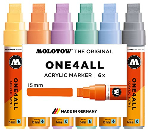 Molotow One4All 627HS Acryl Marker Pastell-Set (15,0 mm Strichstärke, Blockspitze, hochdeckend und permanent, UV-beständig, für fast alle Untergründe) 6 Stück sortiert