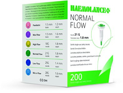 Haemolance Plus - Lancetas de seguridad (21 G/1,8 mm, caja de 200 unidades)