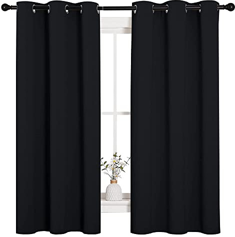 NICETOWN Halloween Pitch Black Solid Thermal Insulated Grommet Blackout Curtains/Drapes for Bedroom Window (2 Panels, 42 inches Wide by 63 inches Long, Black)