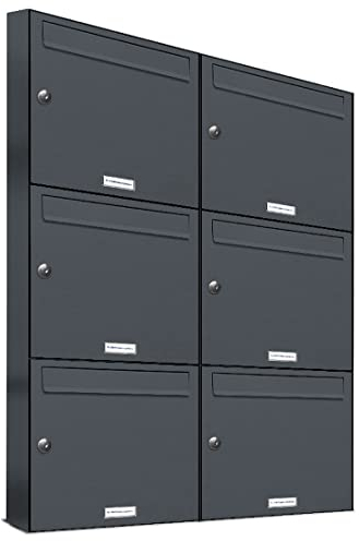 AL Briefkastensysteme 6er Briefkastenanlage Anthrazit Grau RAL 7016, Premium Briefkasten DIN A4, 6 Fach Postkasten modern Aufputz