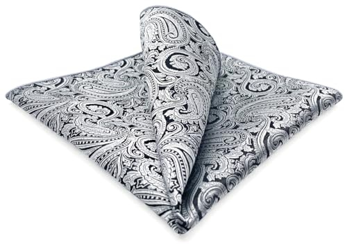 SHLAX&WING Pocket Square for Men Silver Black Paisley Silk Hanky