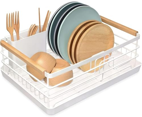 BRIAN & DANY Dish Drying Rack, Dish Racks for Kitchen Counter, Stainless Steel Dish Drainer with Removable Cutlery Holder & Drainboard, White